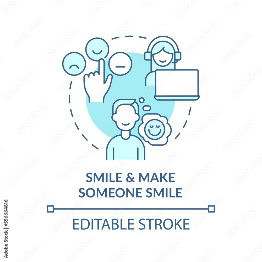 Make someone smile turquoise concept icon. Positive attitude in customer service abstract idea thin line illustration. Isolated outline drawing. Editable stroke. Arial, Myriad Pro-Bold fonts used Make someone smile turquoise concept icon. Positive attitude in customer service abstract idea thin line illustration. Isolated outline drawing. Editable stroke. Arial, Myriad Pro-Bold fonts used