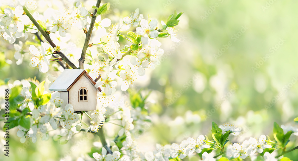 toy house on blossom cherry flowers, spring natural background. concept of mortgage, construction, rental, family and property. eco-home. spring season. template for design - obrazy, fototapety, plakaty 