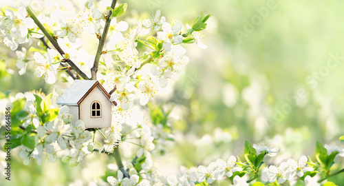 toy house on blossom cherry flowers, spring natural background. concept of mortgage, construction, rental, family and property. eco-home. spring season. template for design photo