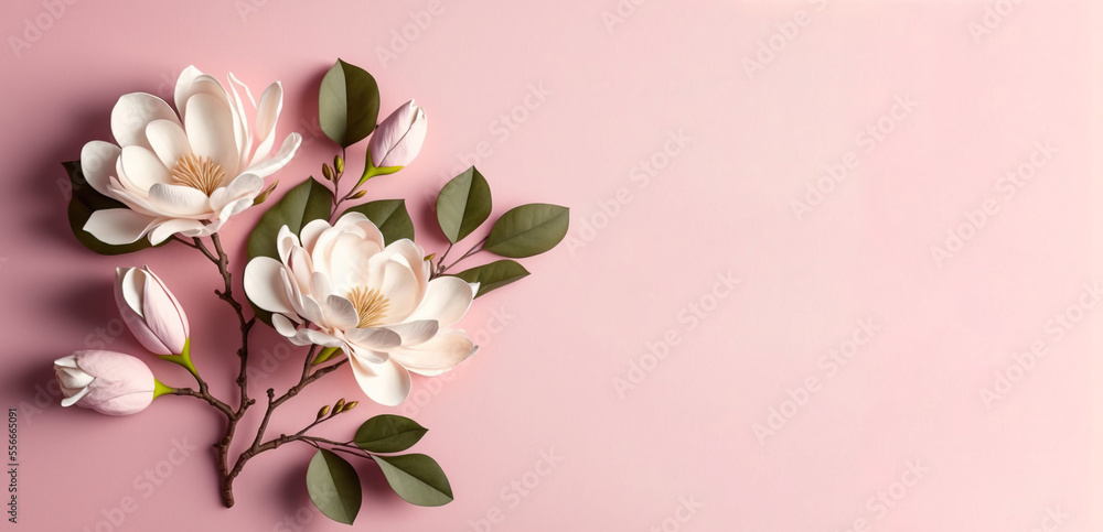 bouquet of white magnolia on pink background, ai generated