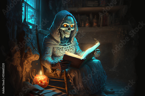 Death skeleton is sitting at home on chair near burning fireplace and reading book. Scary bedtime stories. Death is reading book with fascinating stories. 3d illustration photo