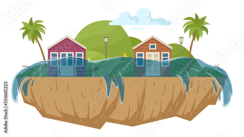 Cartoon flood natural disaster. Huge ocean waves environmental damage, natural cataclysm and extreme weather, flooded houses flat vector illustration on white background
