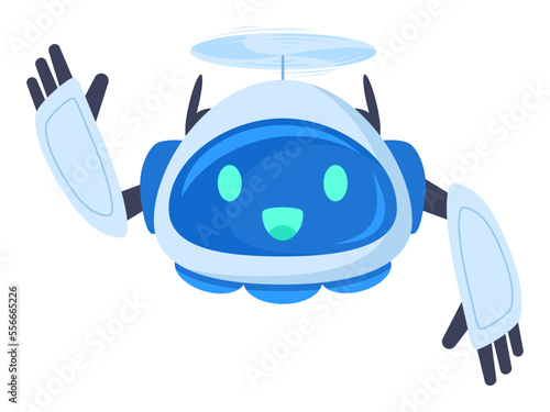 Cartoon cheerful aerial drone. Modern flying drone with propellers, cute robot quadcopter flat vector illustration on white background