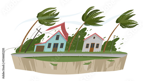 Cartoon storm wind natural disaster. Superstorm catastrophe, suburban house damage, gale cataclysm flat vector illustration on white background