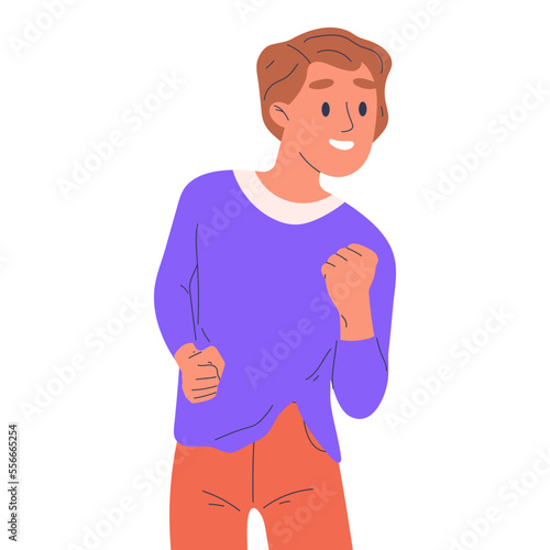 Man with victory triumph emotion. Happy person celebrating win, successful male character enjoy spoils of victory flat vector illustration isolated on white background