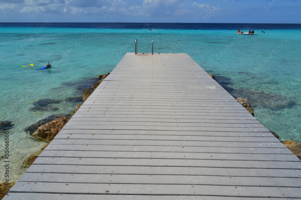 Obraz premium a beautiful wooden pier on a paradise beach on the island of Curacao in the caribbean sea