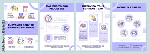 Customer service training program purple brochure template. Leaflet design with linear icons. Editable 4 vector layouts for presentation, annual reports. Arial-Black, Myriad Pro-Regular fonts used