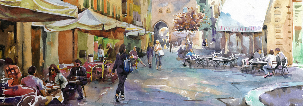 Watercolor painting of the old city. Bologna Italy. Wide web banner.