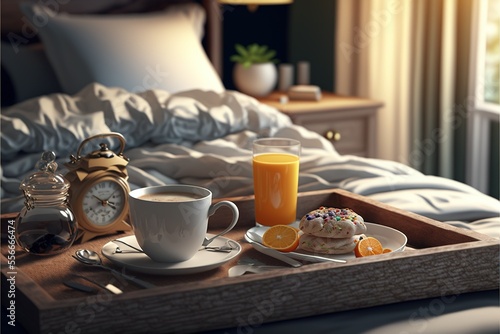 Breakfast on a bed in a cozy hotel room, ai generated