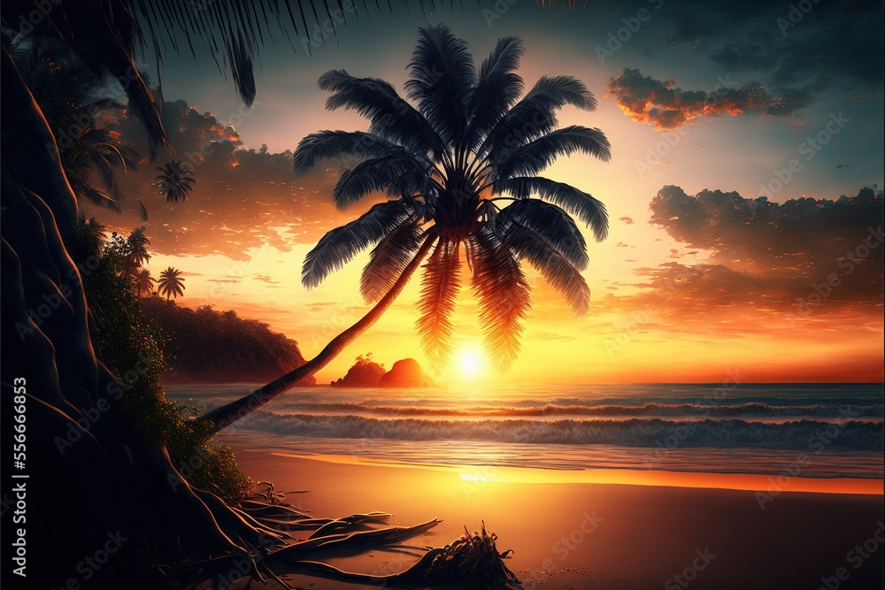 stunning landscape of beach with palm, sunshine, ai generated