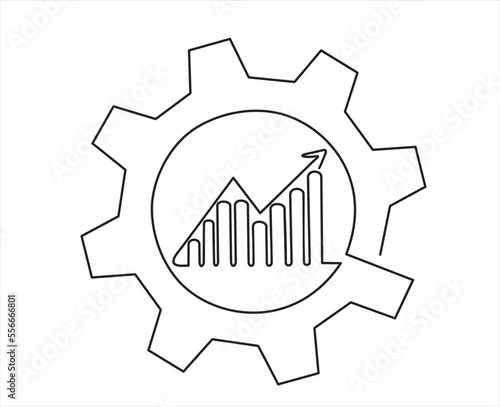 Continuous one single line drawing Productivity bar chart inside gear. Vector illustration concept. Marketing productivity progress, Profit market trend management.