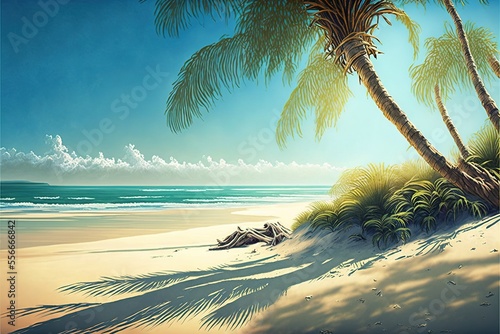 stunning landscape of beach with palm  sunshine  ai generated