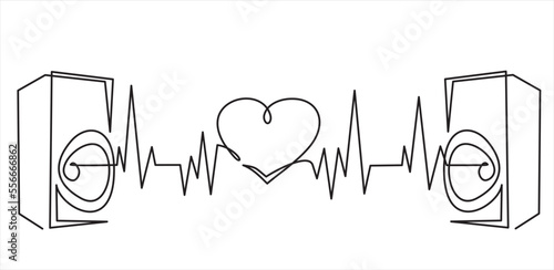Continuous one line drawing of music column and heart as line drawing on white background. Vector