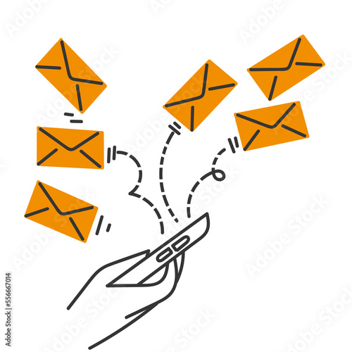 hand drawn doodle mobile phone sends a lot of envelope letters symbol for email marketing illustration