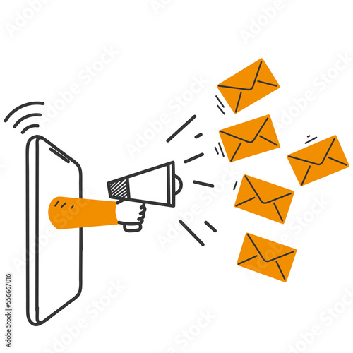 hand drawn doodle mobile phone sends a lot of envelope letters symbol for email marketing illustration