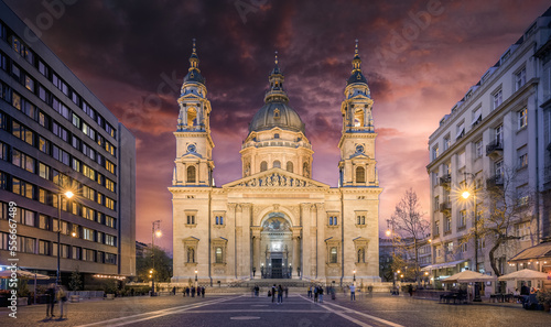 Budapest, Hungary. St. Stephen's Basilica at night. Roman catholic cathedral in honour of Stephen, the first King of Hungary 
