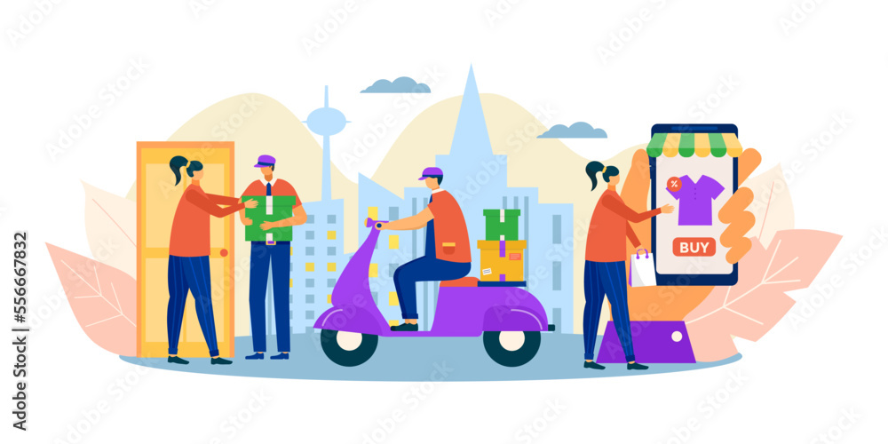 Online store delivery concept, vector illustration. Flat people character work at order service, internet business. Woman buy online, make payment Online store delivery concept, vector illustration. Flat people character work at order service, internet business. Woman buy online, make payment