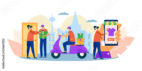 Online store delivery concept, vector illustration. Flat people character wor...