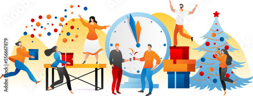 Happy corporate party, vector illustration. People man woman character have fun at cartoon celebration, business company group celebrate christmas