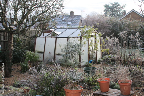 Bild auf Leinwand Glass greenhouse in garden landscape in Winter icy frost with gravel planted bed