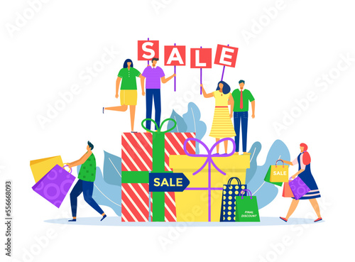 Sale for buying cartoon gift in shop, vector illustration. People man woman c...