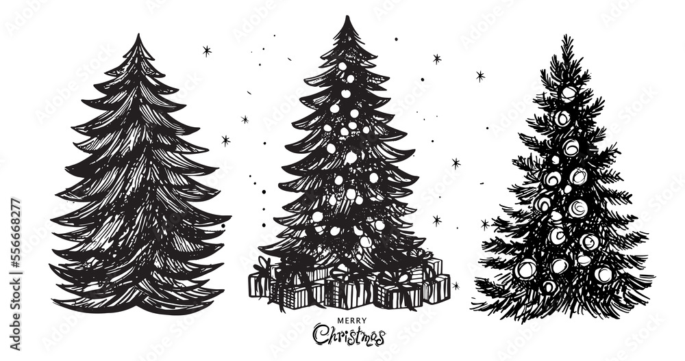 Fototapeta premium Christmas tree set, Hand drawn illustrations.
