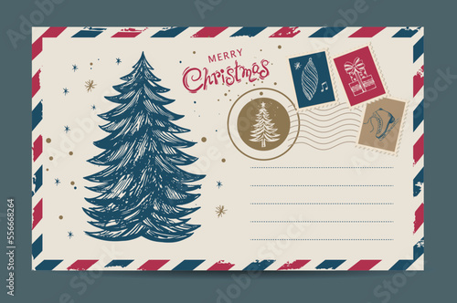 Christmas mail, postcard, hand drawn illustration.	
