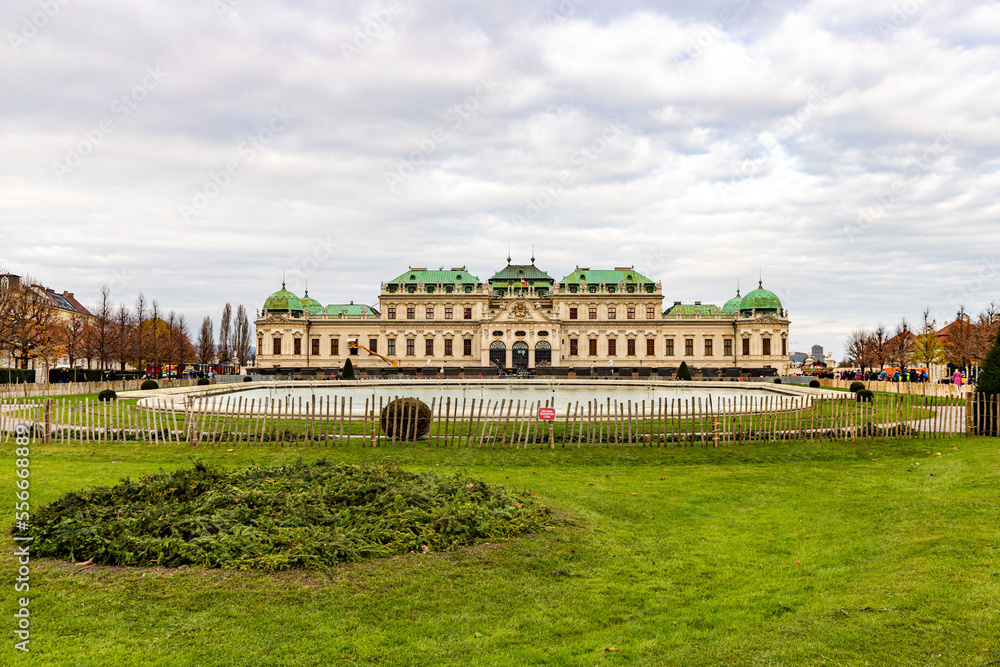 Cityscape with Schloss Belvedere in Vienna. Belvedere Castle and its Christmas market..