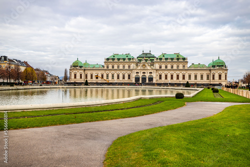 Cityscape with Schloss Belvedere in Vienna. Belvedere Castle and its Christmas market. © KRINAPHOTO