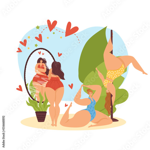Fitnes body positive girl woman vector illustration. Cartoon daily planner for woman person character with unusual figure. © creativeteam