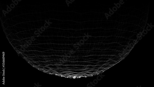 A sphere of digital particles on a black background. Abstract of the interweaving of lines and points. Digital connection of elements. Modeling the movement of small particles. 3D visualization.