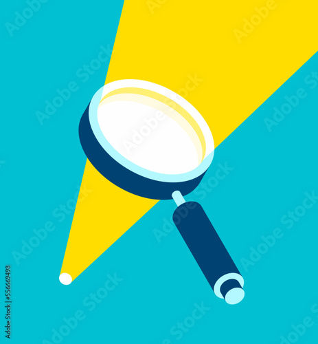 Magnifying glass icon in 3d flat style. Sunlight in search loupe on color background.  Business analytic illustration. Vector design object for you project 