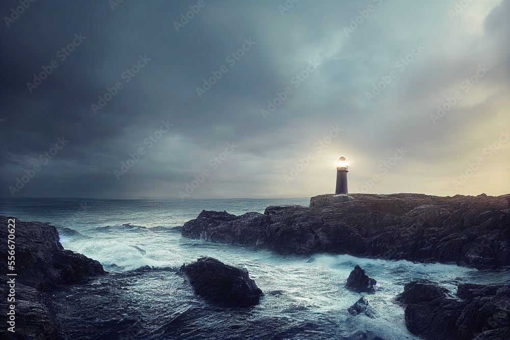 Lighthouse on rocky ocean cast in dark weather shining bright (Generative AI)