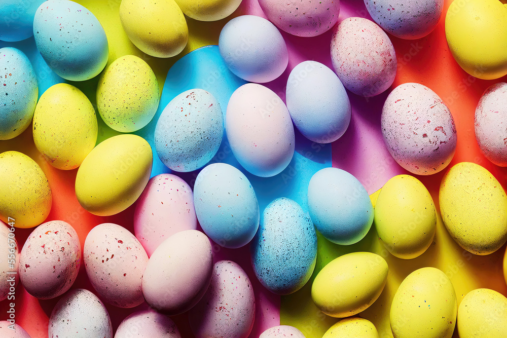 Top view of many neon colored easter eggs (Generative AI) Top view of many neon colored easter eggs (Generative AI)