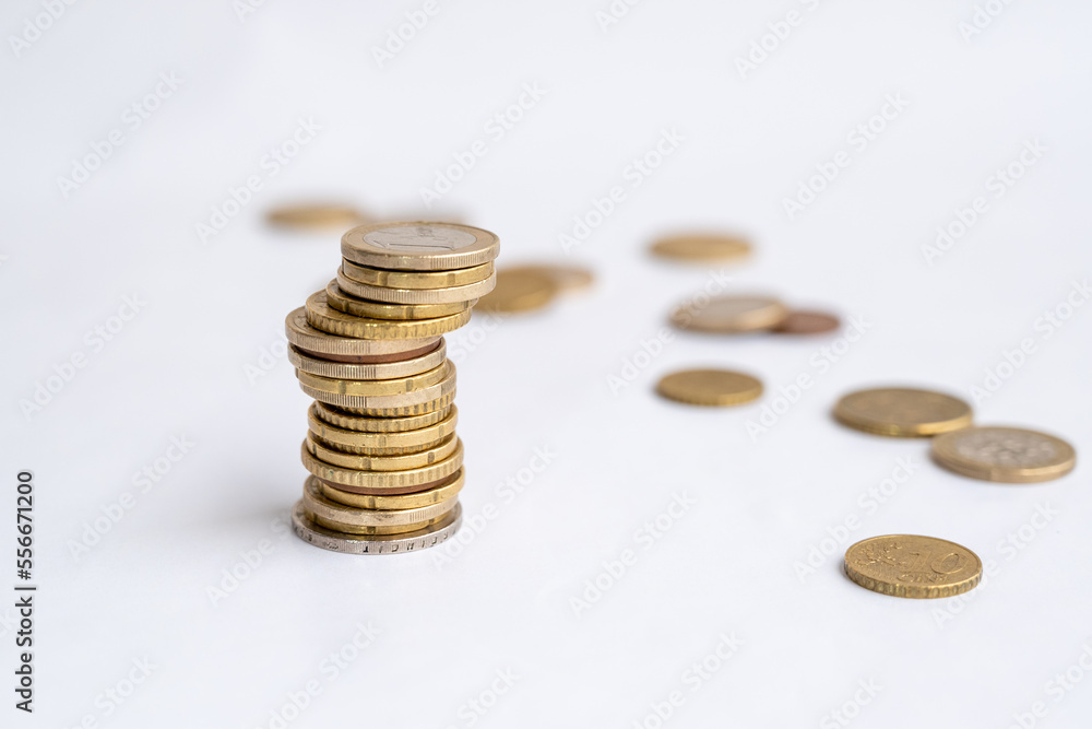Coins isolated on white background.Different euro coins macro close up, cut out on a white background. Coins isolated on white background.Different euro coins macro close up, cut out on a white background.