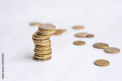 Coins isolated on white background.Different euro coins macro close up, cut out on a white background.