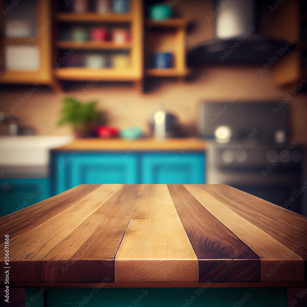 Wooden table on blurred kitchen background. Generative AI