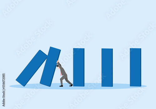 CONCEPT OF TAKING RESPONSIBILITY. A BUSINESSMAN PREVENT BLOCKS FALLING ON OTHERS. VECTOR ILLUSTRATTION OF  HARD EFFORTS TO ANTICIPATE MISTAKES WITH DOMINO EFFECT