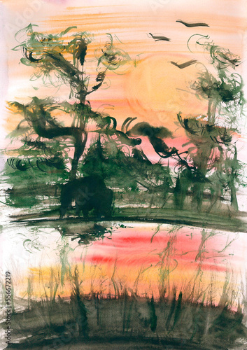 Fototapeta Naklejka Na Ścianę i Meble -  Watercolor landscape with an African sunset. Flying birds in the peach sky and the silhouette of an animal by the water. Romantic evening view in warm colors. Wallpaper with wildlife for peace of mind