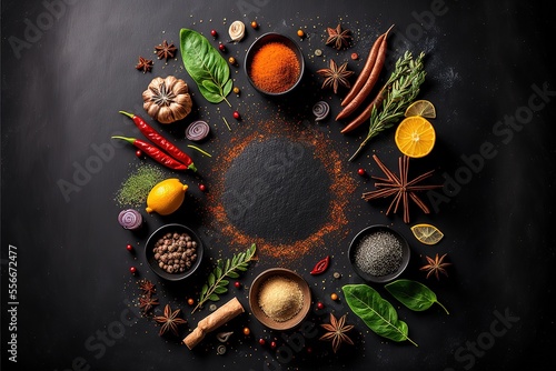 Cooking nd seasoning spices border on black slate background stock photo Food  Spice  Backgrounds  Ingredient  Cooking