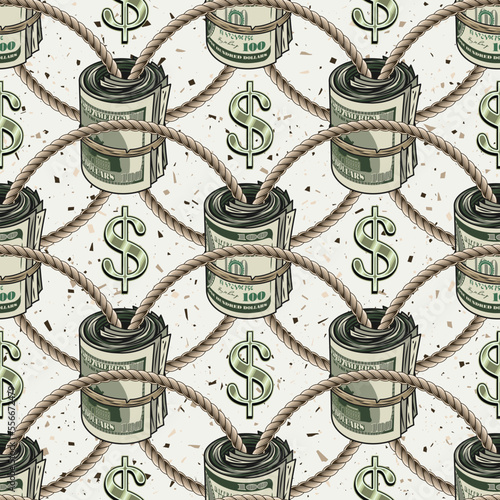 Seamless geometric pattern with dollar sign, money rolls of 100 dollars bills connected by jute rope. Intricate lace ornament on white textured background.