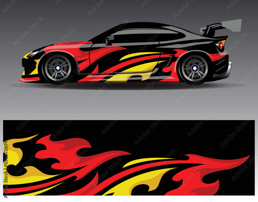 Naklejka premium Car wrap design vector. Graphic abstract stripe racing background kit designs for wrap vehicle race car rally adventure and livery