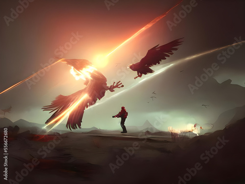 man fighting the giant evil eagle, illustration painting, digital art style