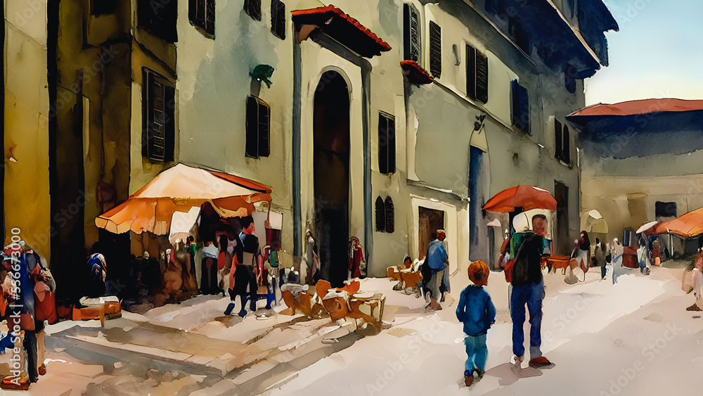 A watercolor painting of a city street in the center of town, devoid of any human figures. The image captures the bustling energy and urban atmosphere of the city