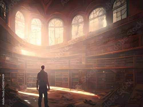 man standing in a strange old library, illustration painting, digital art style © Treborik ART