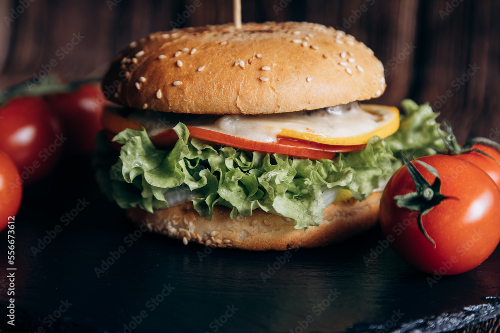 Juicy burger with meat, tomato and lettuce lie on a plate. Meat cutlet, tomatoes, cucumber, lettuce and sesame seeds. Fast food concept. junk food Juicy burger with meat, tomato and lettuce lie on a plate. Meat cutlet, tomatoes, cucumber, lettuce and sesame seeds. Fast food concept. junk food