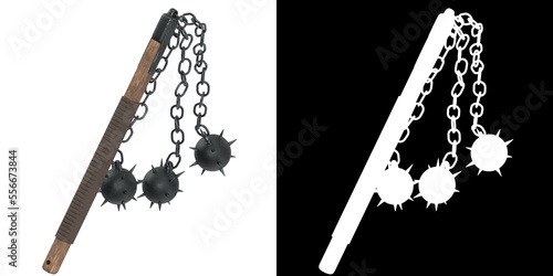 3D rendering illustration of a three ball medieval flail weapon