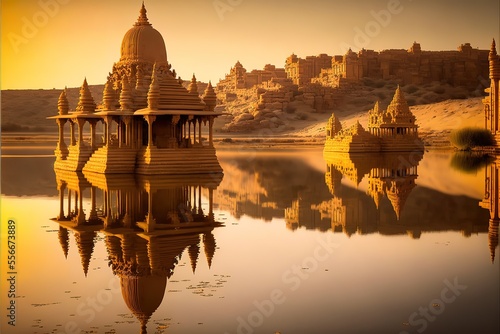 Gadisar lake at Jaisalmer Rajasthan at sunrise with ancient temples and archaeological ruins. stock photo India, Landscape - Scenery, Temple - Building, Rajasthan, Ancient. Generative AI