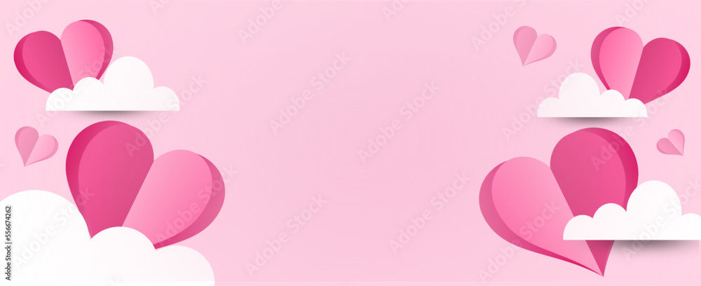 Valentine day pink background with hearts and clouds.