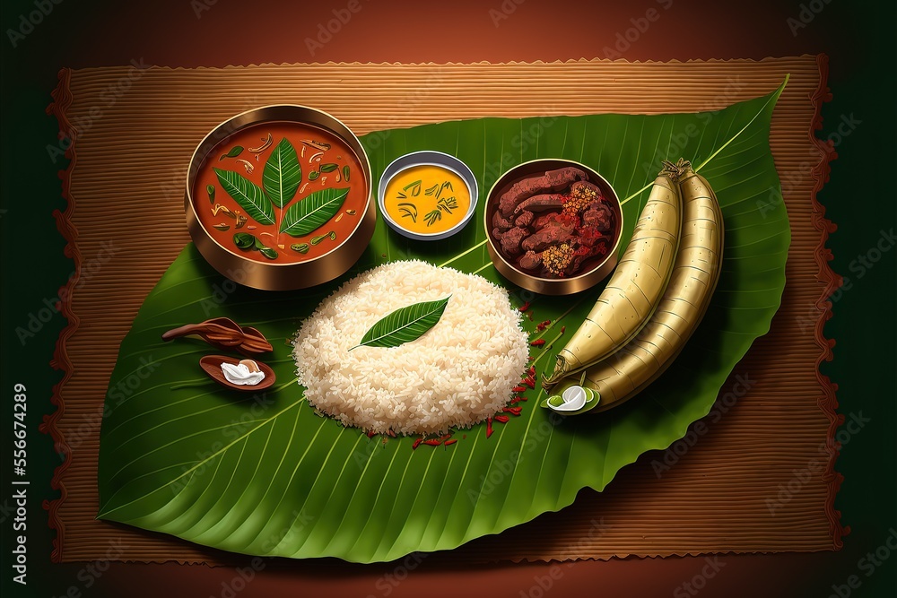 Kerala sadya traditional food served on banana leaf with rice sambar